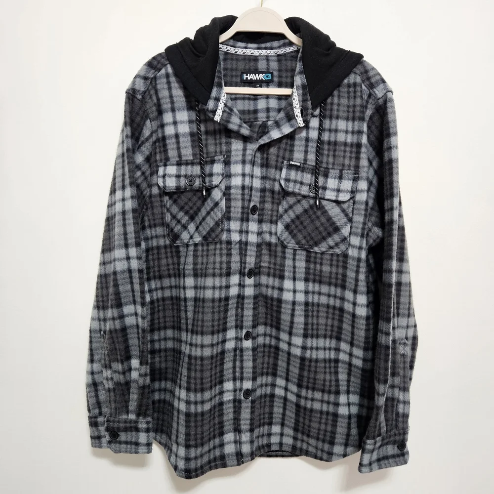 Tony Hawk NWOT Mens‎ Fleece Shirt Jacket Plaid Hooded Cozy Y2K 90s Style Gray 2X